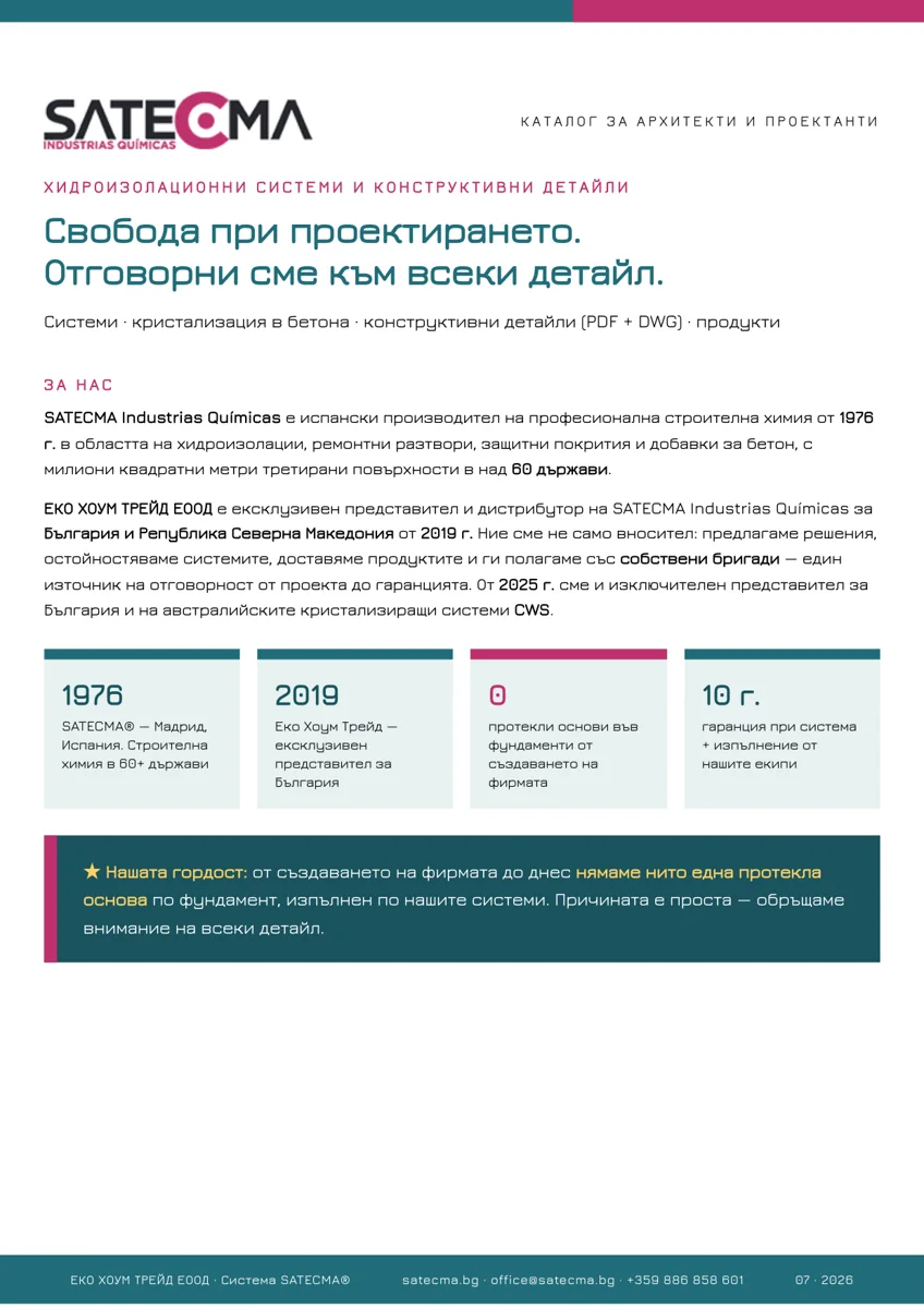Каталог за архитекти и проектанти — хидроизолационни системи и конструктивни детайли SATECMA